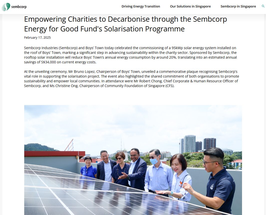 Empowering Charities to Decarbonise through the Sembcorp Energy for Good Fund's Solarisation Programme